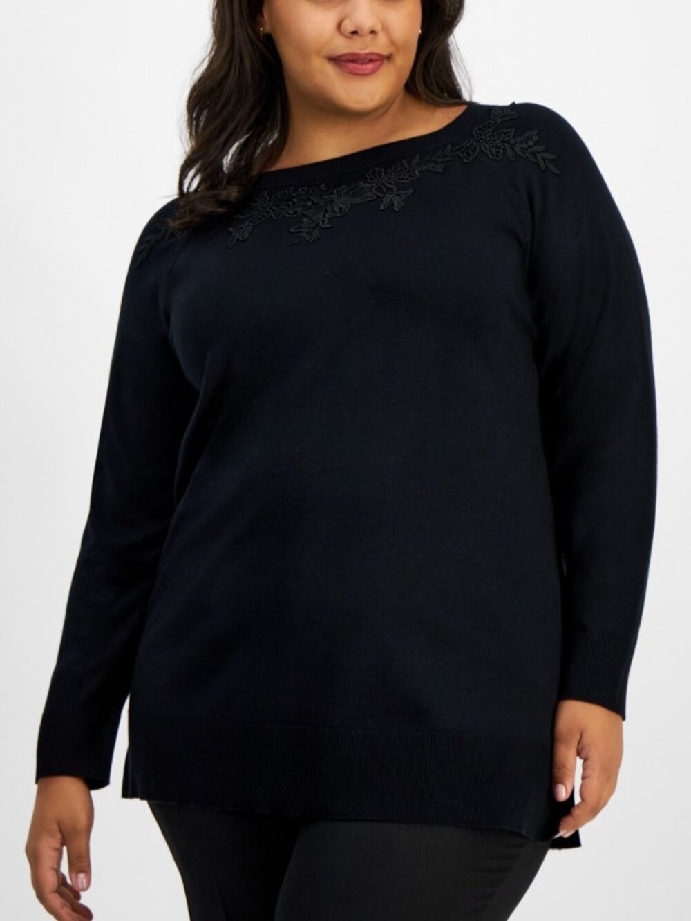 Jm Collection Plus Size Lace-Applique Sweater Deep Black 4X